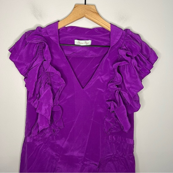 Geren Ford 100% Silk Short Sleeve V Neck Ruffle Dress in Purple L - Picture 4 of 7